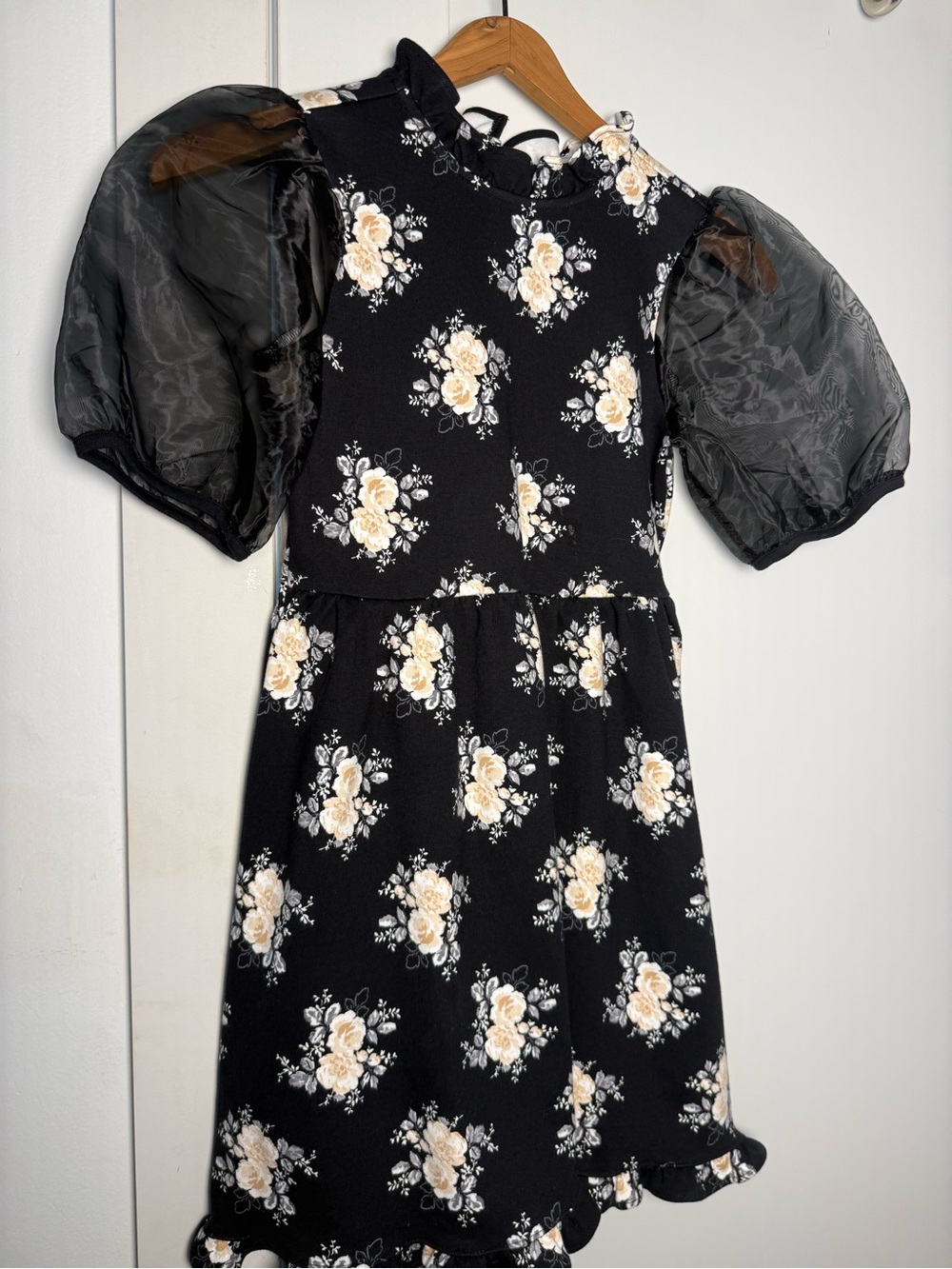 Janie and Jack Black Floral Dress with Puff Sheer Sleeves